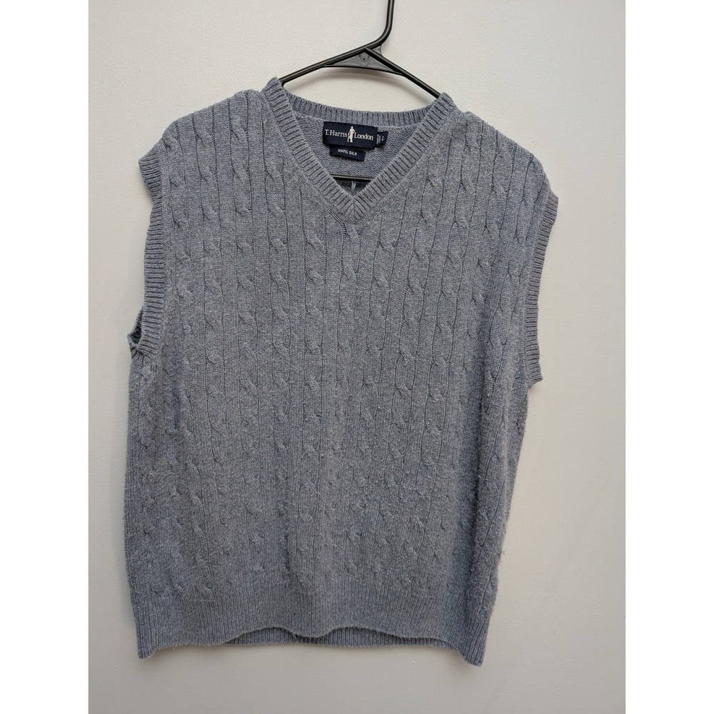 D5 T Harris London Sweater Vest‎ Men Large Gray V Neck  Pullover 100% Silk